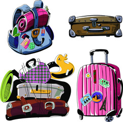 bright set of vector illustrations of bags and luggage for a trip, travel, tourism made in the style of a color sketch (flat illustration)