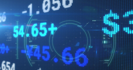 Stock market data processing and scope scanning over covid-19 cell on blue background