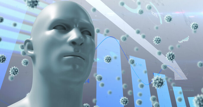 Image of virus cells floating and human over data processing