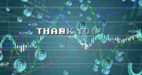 Fototapeta premium Image of thank you in digital abstract space with diverse data and bitcoins