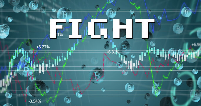 Image of fight in digital abstract space with diverse data and bitcoin
