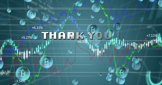 Image of thank you in digital abstract space with diverse data and bitcoins