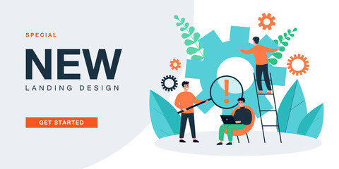 Work of tiny business people with gears. Team of men moving cog wheel, fixing machine together flat vector illustration. Cooperation, challenge concept for banner, website design or landing web page