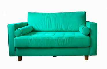 Teal sofa with rollers on wooden legs isolated on white. Turquoise couch isolated
