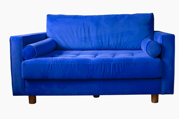 Navy blue sofa with rollers on wooden legs isolated on white. Darck blue couch isolated