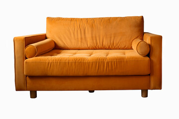 Orange sofa with rollers on wooden legs isolated on white. Orange couch isolated