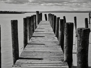 Wooden bridge on pillars on Neusiedlersee in black and white, Austria