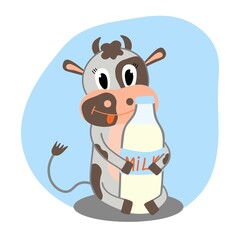 World Milk Day. June 1st. Cute cow with a bottle of milk. Logo, label, badge or design. Vector