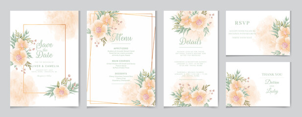 Fototapeta na wymiar Elegant watercolor wedding invitation and menu template with greenery leaves, rsvp thank you and Instagram story.