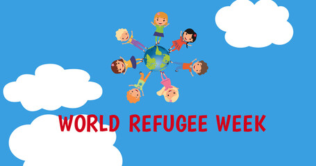 Naklejka na ściany i meble Image of refugee week text over diverse children standing around globe
