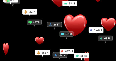 Image of hearts and social media reactions over black background