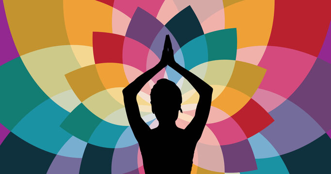 Image of woman meditating silhouette over colorful flowers on purple background - Powered by Adobe