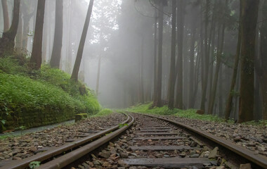Forest train track and mist cypress forest