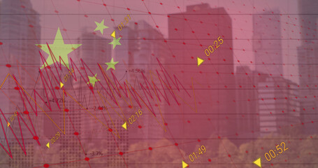 Image of flag of china and data processing over cityscape