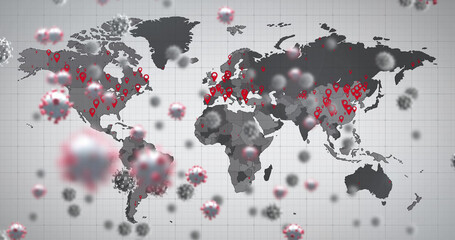 Image of virus cells over world map and grey background