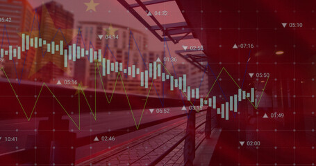 Image of flag of china and data processing over cityscape