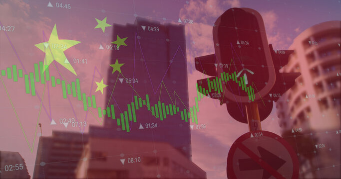 Image of flag of china and data processing over cityscape