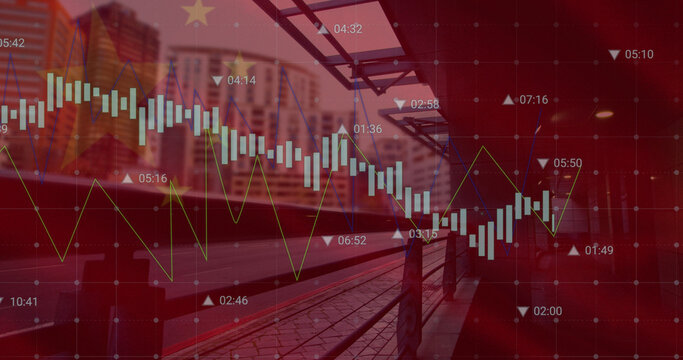 Image of flag of china and data processing over cityscape
