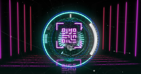 Image of neon qr code with lines over scope scanning on black background