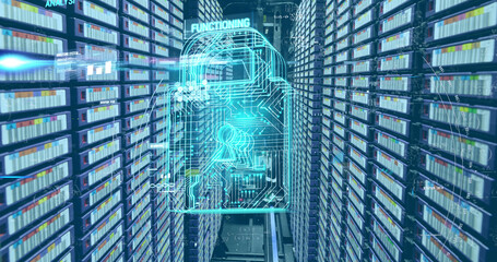 Image of padlock icon and data processing over server room