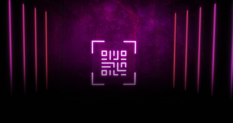 Image of neon qr code with lines over black background