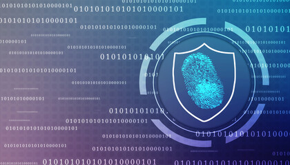 Abstract security system concept with fingerprint with shield on technology background, Fingerprint Scanning Identification System. Biometric Authorization and Business and cyber Security Concept
