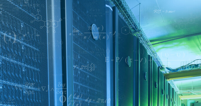 Image of mathematical equations over server room