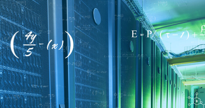 Image of mathematical equations over server room - Powered by Adobe