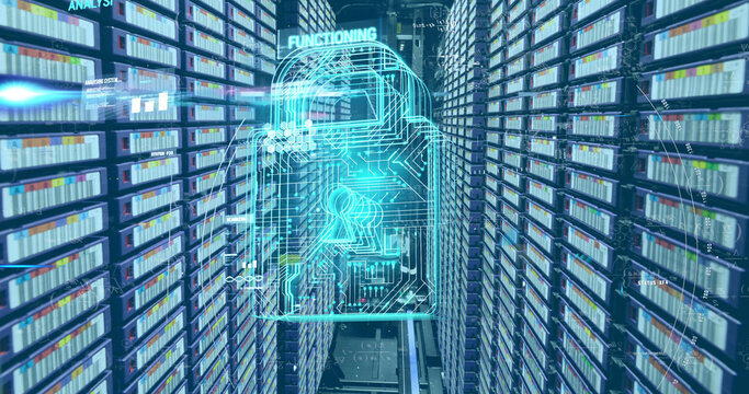Image of padlock icon and data processing over server room - Powered by Adobe