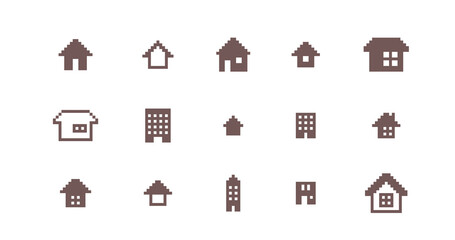ドット絵　かわいい家のアイコン装飾イラストセット　建物　マンション　一軒家　ピクセル