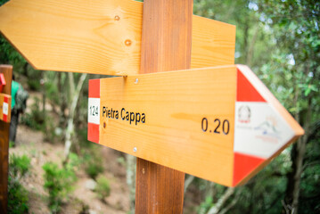 Cartello in legno di indicazione del perscorso del sentiero per Pietra Cappa