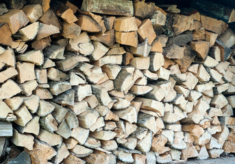 a lot of sawn firewood lies in a large pile