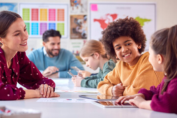 Group Of Multi-Cultural Students With Teachers In Classroom Using Digital Tablet In Lesson