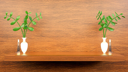 Wood table for packaging presentation on wood wall. 3d rendering