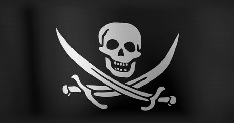 Image of pirate flag with skull and swords waving