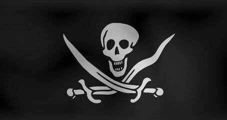 Image of pirate flag with skull and swords waving
