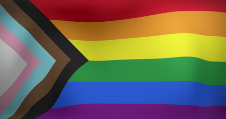 Image of lgbt flag with updated gay pride colours waving - obrazy, fototapety, plakaty