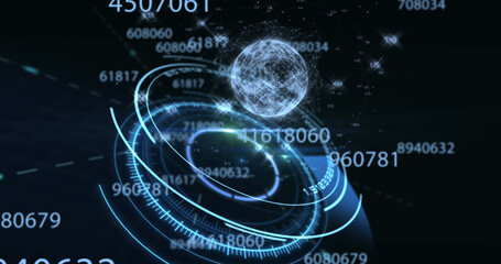 Image of numbers changing, scope scanning and globe