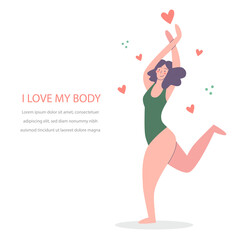 Body positive. Happy  harmonious dancing girl. Love your body. Vector illustration concept. 