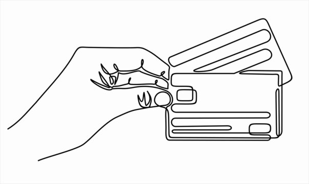 Continuous one line drawing of hand holding credit cards.