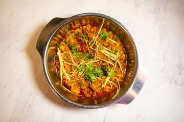 Chicken karahi, indian spicy chicken reshmi masala isolated on background top view of pakistani chicken karai