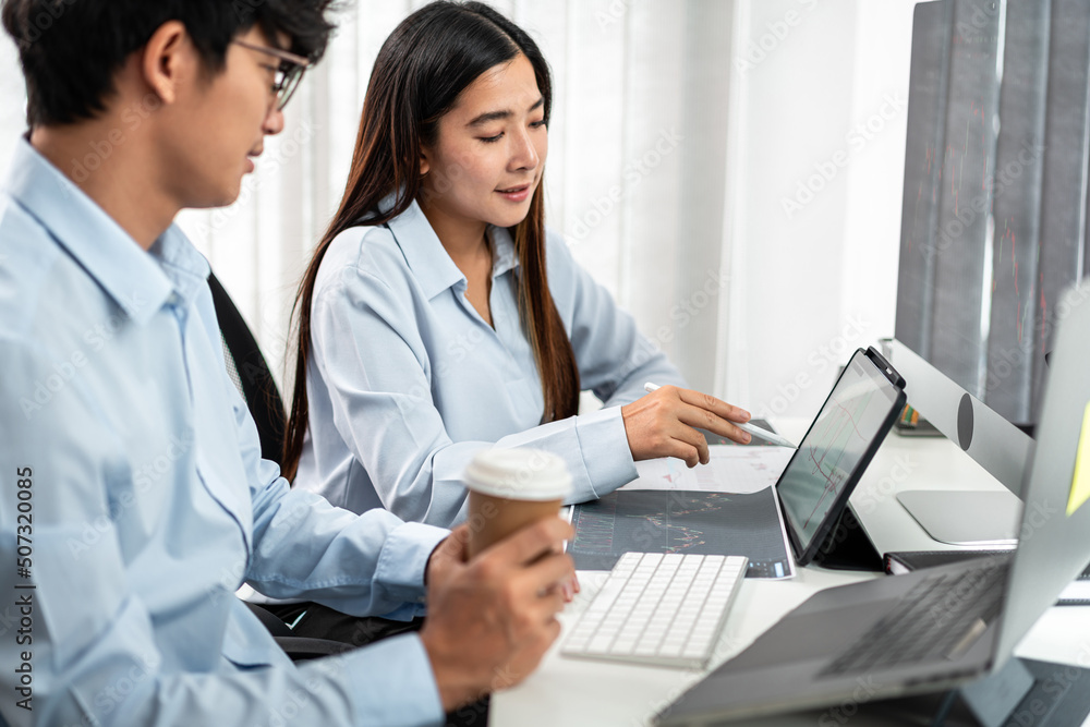 Poster investor business team working with computer, tablet and analyzing graph stock market trading planni