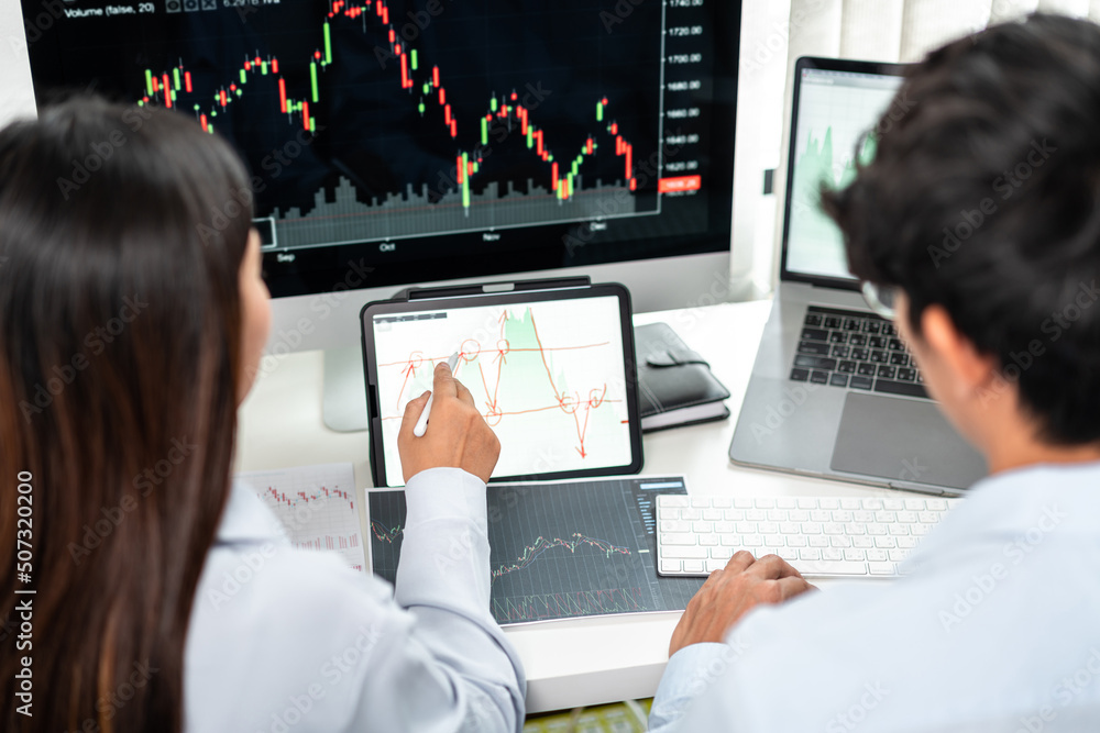 Poster investor business team working with computer, tablet and analyzing graph stock market trading planni