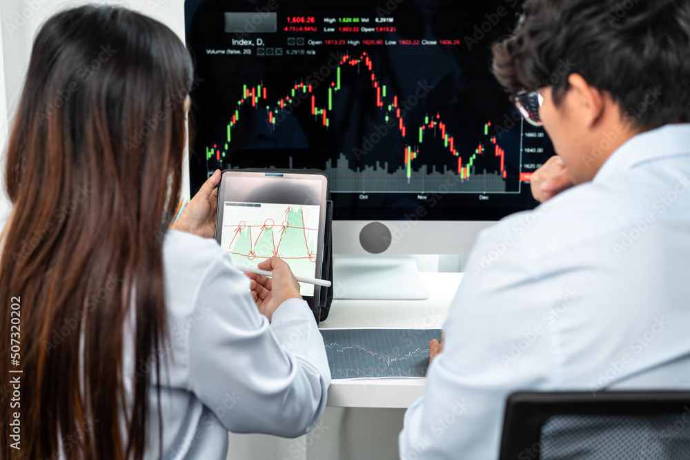 Poster investor business team working with computer, tablet and analyzing graph stock market trading planni