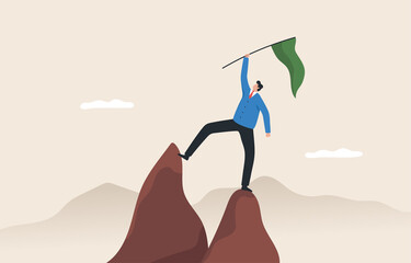 Fototapeta premium Success at the top. Leadership to reach business goal. career success or assigned tasks. .contest winner. A young man or businessman raises a flag on a high mountain peak.