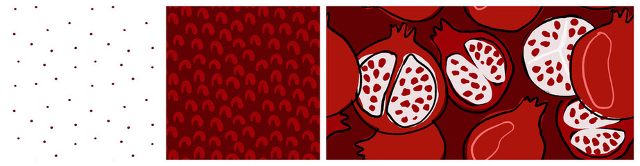 Pomegranate fruit botanical background. Abstract modern nature and food graphic design with hand drawn simple motifs for kitchen textile or product packaging.