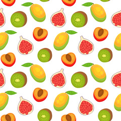 Fototapeta na wymiar Pattern with realistic tropical and exotic fruits on white background. Perfect for card, invitation, poster, textile.