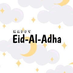 Happy eid-al-adha text over digitally generated star, cloud and moon pattern background