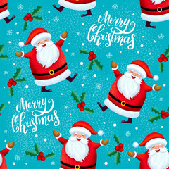 seamless christmas pattern template with cartoon style santa claus and greeting lettering. for wrapping paper, textiles, themed decor