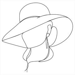Continuous one line drawing. Young fashion woman in hat. Linear style
